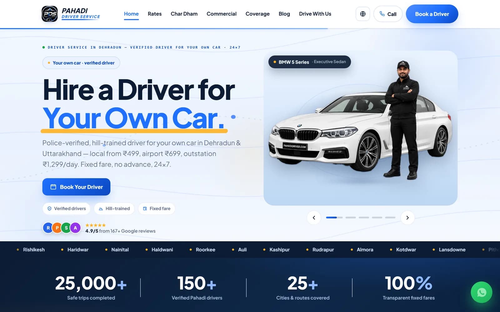 Pahadi Driver website — desktop view
