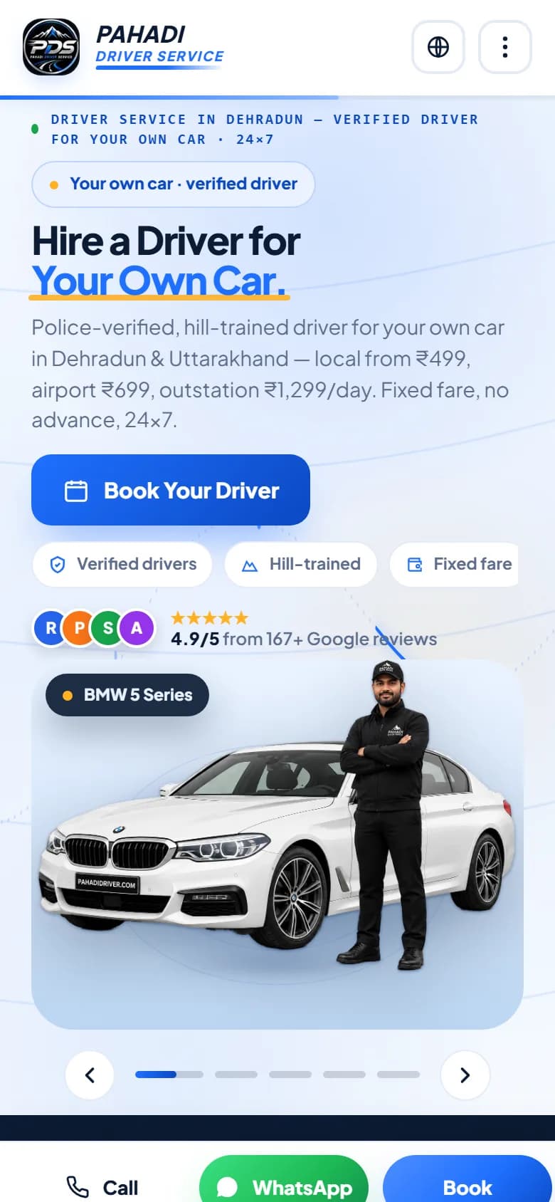 Pahadi Driver website — mobile view
