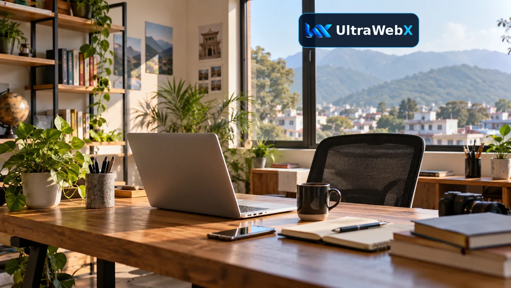 Modern empty workspace with laptop and a mountain view