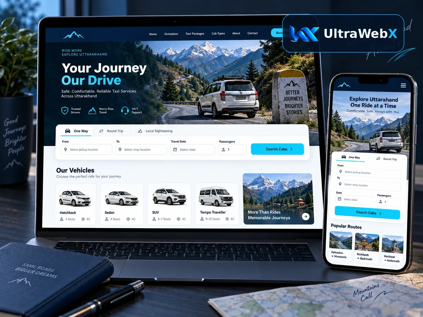 Taxi booking website shown on a laptop and smartphone