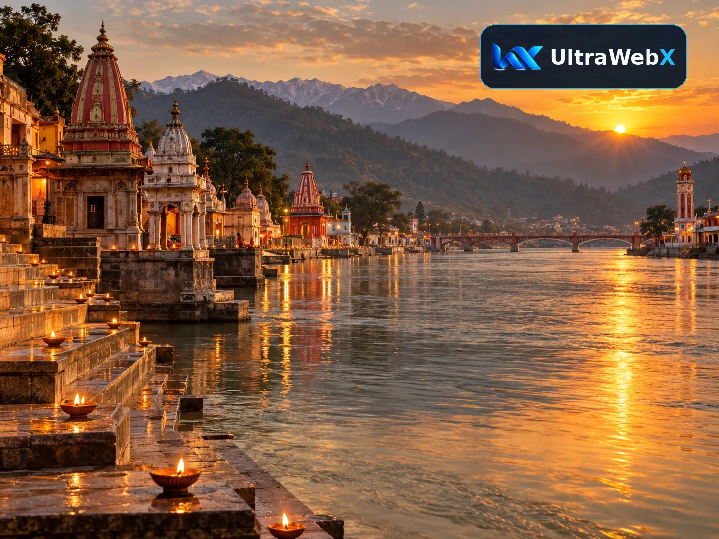 Himalayan riverfront and temples at golden hour, no people